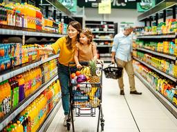 mulher adulta e criança em corredor de supermercado