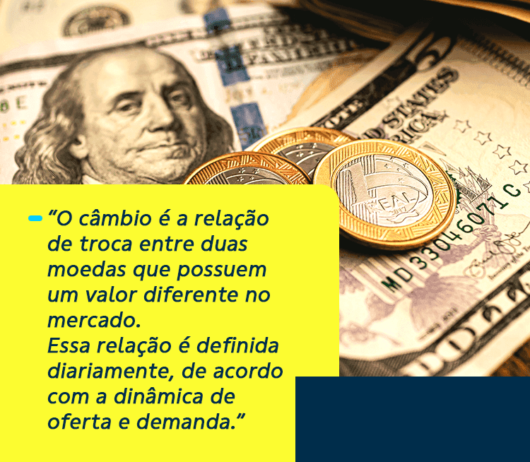 Caixa com texto sobrepondo foto de dólares e reais.