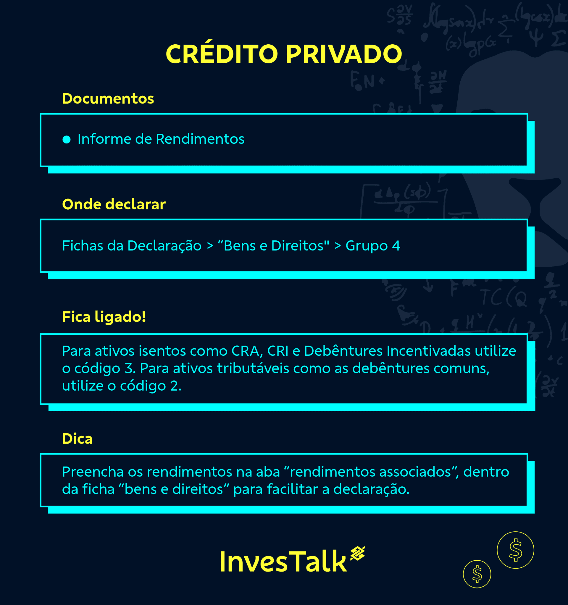 Tabela resumindo passo a paso pra declarar crédito privado em azul petróleo, amarelo e ciano