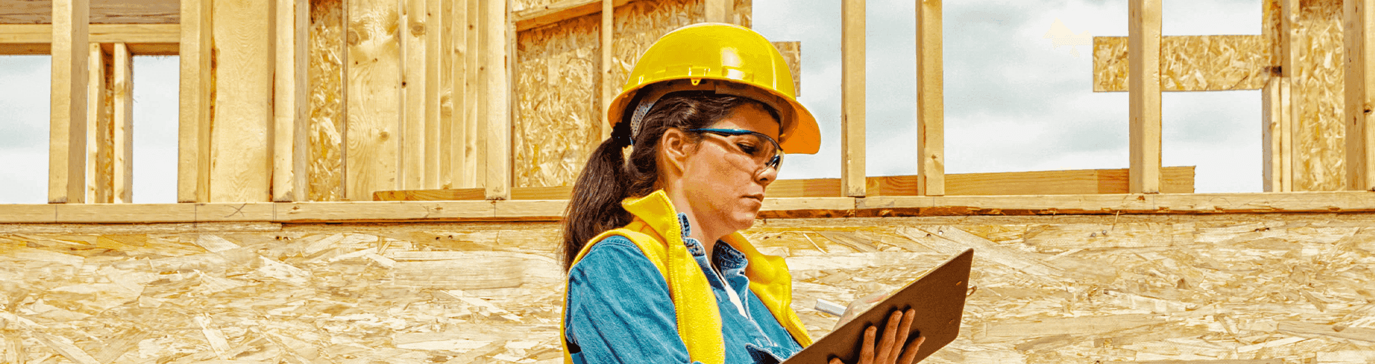 mulher com roupa de proteção em frente construção civil 