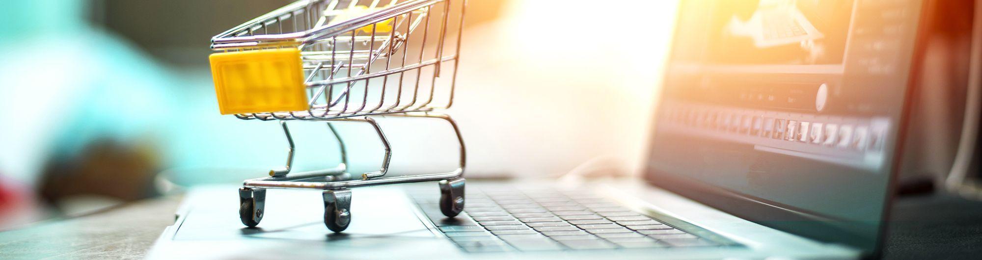 carrinho de compras em miniatura em frente computador