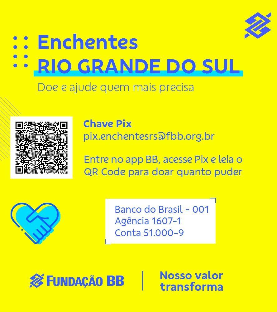Banner com informações sobre doação para as pessoas impactadas pelas enchentes no Rio Grande do Sul