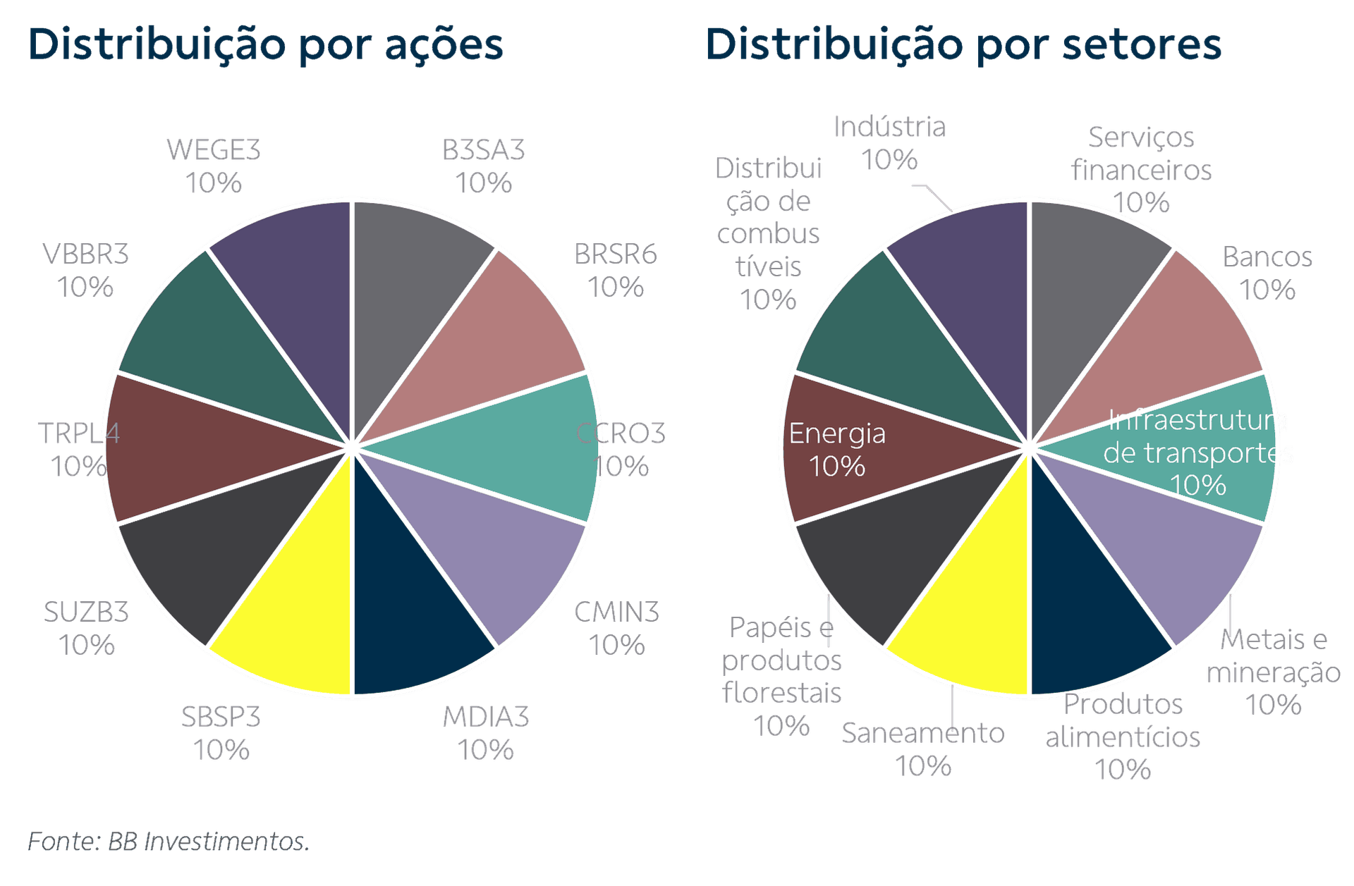 gráfico em círculo multicolorido sobre a distribuição por ações e por setores