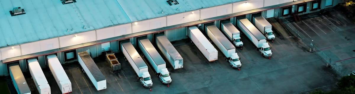 caminhões estacionados em galpão