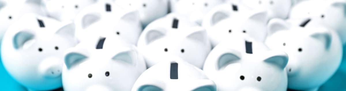 diversos porcos cofre em branco enfileirados e agrupados