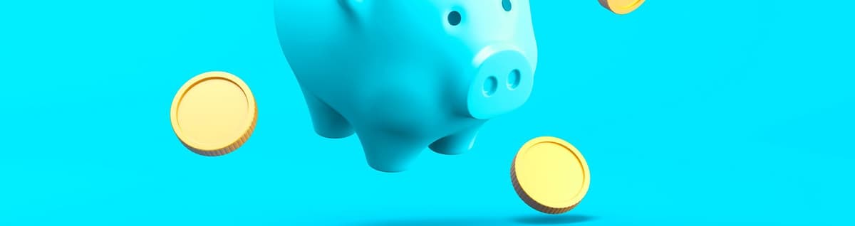 figura de porco na cor azul flutuando em volta de moedas
