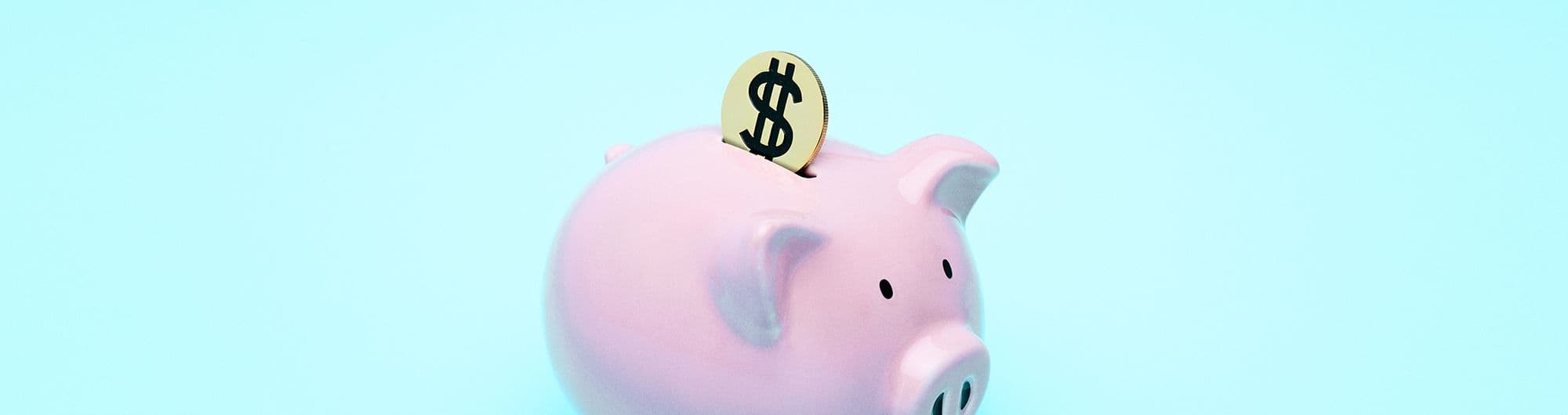 figura de porco cofre recebendo moedas de prata em fundo azul
