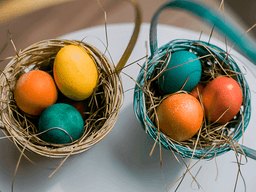 ovos coloridos em cesta de palha