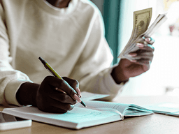pessoa fazendo anotações em caderno com dólar em mãos 